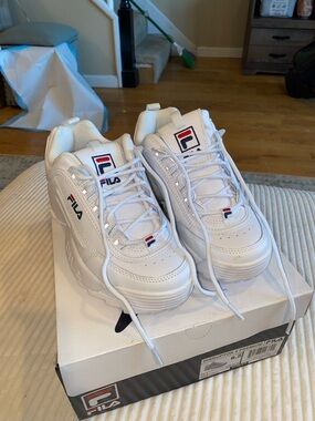 Fila White Leather Chunky Sneakers with Red & Navy Accents